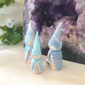 3 Waldorf Steiner inspired Winter gnomes, felt Peg gnomes-Peg dolls-Waldorf/Steiner toys, Waldorf dolls- felt gnomes, Seasonal table decor