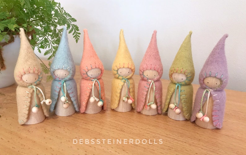 Waldorf Steiner inspired gnomes 7Spring Soft rainbow felt gnomes, peg dolls,Waldorf Steiner toys, Peg gnomes Small world play image 7
