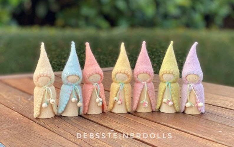 Waldorf Steiner inspired gnomes 7Spring Soft rainbow felt gnomes, peg dolls,Waldorf Steiner toys, Peg gnomes Small world play image 10