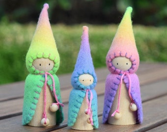 Waldorf Steiner rainbow gnomes (3) Peg gnomes, Peg doll, Waldorf Steiner toys, Waldorf dolls,felt gnomes, Small world play DebsSteinerDolls