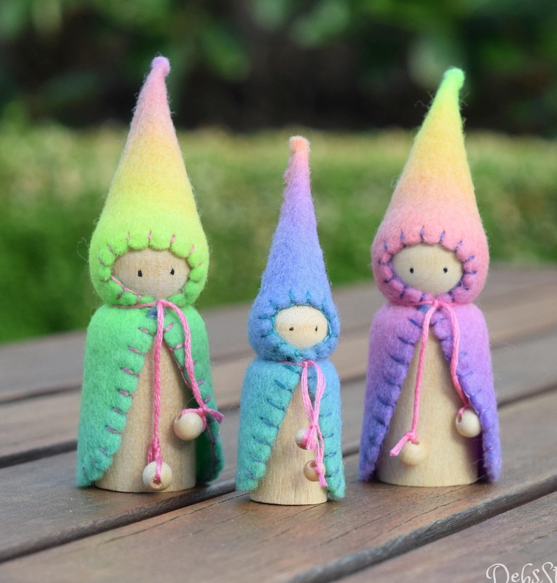 Waldorf Steiner rainbow gnomes 6 Peg gnomes, peg dolls,Waldorf Steiner toys, Waldorf dolls,felt gnomes-Small world play Debs Steiner Doll image 3