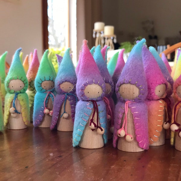 6 Waldorf Steiner rainbow gnomes Peg gnomes, peg dolls,Waldorf Steiner toys, Waldorf dolls,felt gnomes-Small world play Debs Steiner Doll