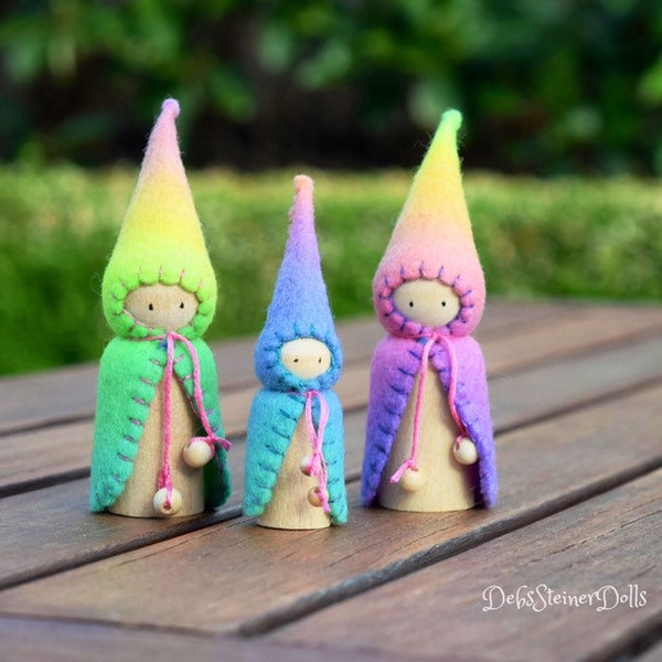 Rainbow Waldorf Steiner inspired gnomes (3) Peg gnomes-timber Peg dolls-Waldorf/Steiner toys- Waldorf dolls- felt gnomes -Small world play