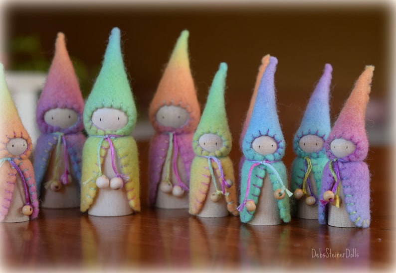 Waldorf Steiner rainbow gnomes 3 Peg gnomes, Peg doll, Waldorf Steiner toys, Waldorf dolls,felt gnomes, Small world play DebsSteinerDolls image 6