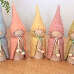 Waldorf Steiner inspired gnomes 7Spring Soft rainbow felt gnomes, peg dolls,Waldorf Steiner toys, Peg gnomes Small world play image 8