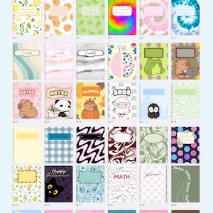 May include: A collection of 50 digital journal covers with various designs. The covers feature illustrations of fruits, tie-dye patterns, and cute animals. Some covers have the words "Gratitude," "Notes," "Planner," and "Happy Halloween."