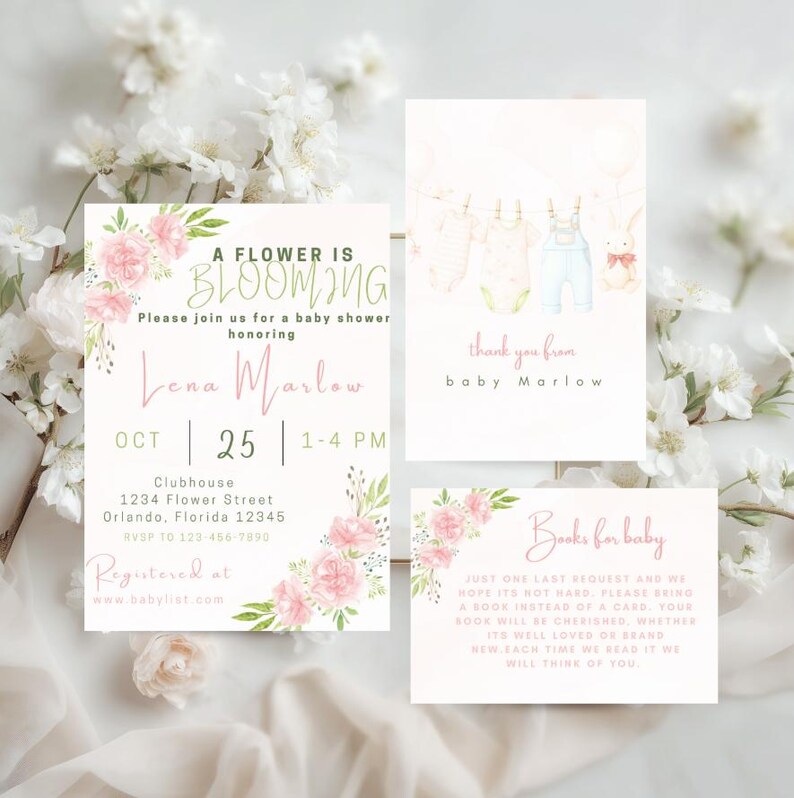Editable Floral Baby Shower Invitation Package | Editable ‘A Flower is ...