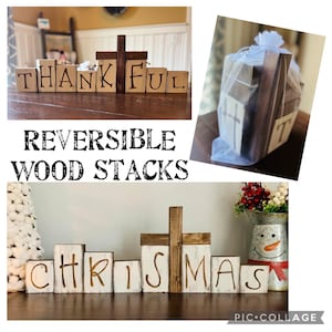 Könnte beinhalten: Wendeholzstapel mit einem Kreuz und dem Wort "THANKFUL" auf Holzblöcken. Die Blöcke sind weiß mit braunen Buchstaben. Das Bild zeigt auch einen "CHRISTMAS" Stapel und ein verpacktes Geschenk.
