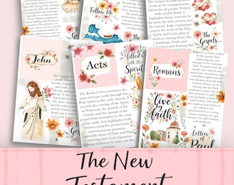 May include: A pink and white New Testament Study Guide with floral accents. The guide features various book titles like Matthew, Mark, Luke, and John, with accompanying text. The words "The New Testament Study Guide" are prominently displayed.