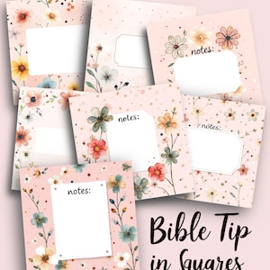 May include: A collection of floral-themed note cards with a pink background. Each card features a white space for notes, surrounded by watercolor flowers in various colors. The text "notes:" appears on some cards. The phrase "Bible Tip in Squares" is also visible.