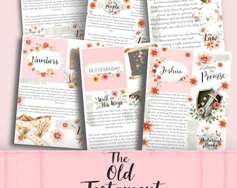 May include: A collection of study guide cards for the Old Testament, featuring titles like Genesis, Exodus, and Joshua. Each card has a pink background with floral accents and detailed text. The title "The Old Testament Study Guide" is prominently displayed.