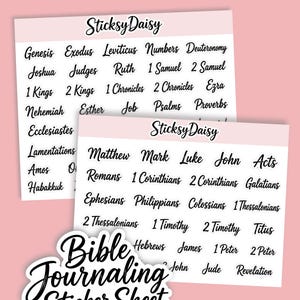 May include: Two white sticker sheets featuring black cursive text listing books of the Bible, including Genesis, Exodus, Matthew, and Mark. The brand name SticksyDaisy is printed at the top of each sheet, and a large label reads Bible Journaling Sticker Sheet.