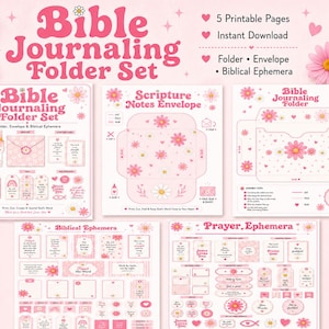 May include: A digital Bible journaling folder set featuring five printable pages with pink daisy patterns. The set includes templates for a folder, an envelope, and various biblical ephemera, all decorated with floral motifs and religious text.