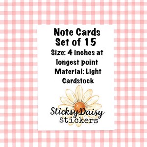 May include: A white card with the text "Note Cards Set of 15" and "Size: 4 inches at longest point". A daisy illustration and the text "Sticksy Daisy Stickers" are also present. The background is a pink and white gingham pattern.