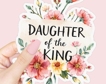 May include: A floral sticker with the text "DAUGHTER of the KING". The sticker features watercolor-style flowers in shades of pink, yellow, and orange, with green leaves. The background is a soft pink.