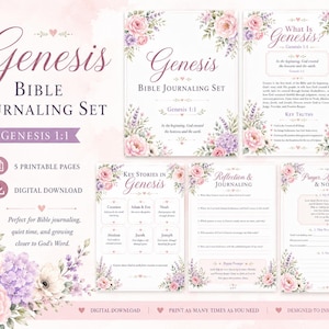 May include: A Genesis Bible journaling set featuring five printable pages decorated with pink roses and purple lavender floral accents. The pages include text headers such as Genesis Bible Journaling Set, Key Stories in Genesis, Reflection & Journaling, and Prayer Application & Notes, with sections for writing and reflection.