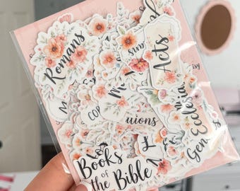 Pode incluir: Um pacote de adesivos florais com nomes de livros da Bíblia. Os adesivos têm um fundo branco com flores em aquarela pêssego, rosa e verde. O texto está em uma fonte manuscrita.