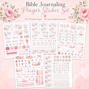 May include: A digital set of five printable pages featuring Bible journaling prayer stickers. The collection includes various labels, tags, and icons decorated with pink floral motifs, crosses, and hearts, with text such as Prayer Journal, Amen, Faith, Grace, Hope, and SOAP.
