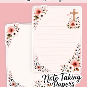 May include: Two sheets of stationery featuring the text Sticksy Daisy and Note Taking Papers. The paper has pink floral borders, a wooden cross, a small heart, and a butterfly illustration. The right sheet includes horizontal lines for writing.