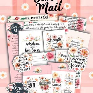 May include: A collection of stickers and cards with floral designs and inspirational quotes. The text "Bible Mail" is at the top. The stickers and cards feature phrases like "Strength and Dignity" and "Proverbs 31".