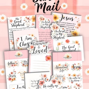 May include: A collection of Bible Mail stickers and cards with floral accents. The designs include phrases like "The Good Shepherd," "Jesus," and "I Am Chosen & Loved." The color palette features pink, white, and floral illustrations.
