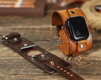 Custom Leather Watch Band for Apple Watch - Engraved Genuine Cowhide Cuff Strap - Unisex Vintage Wide Wristband - Gift for Him or Her