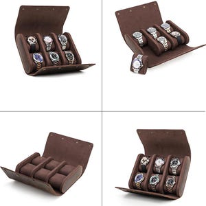 May include: A brown leather watch case, open to display several wristwatches. The case is rectangular with a flap closure and individual padded compartments for each watch. The watches have various band and face designs.