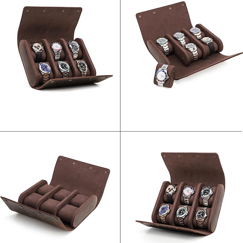 May include: A brown leather watch case, open to display several wristwatches. The case is rectangular with a flap closure and individual padded compartments for each watch. The watches have various band and face designs.