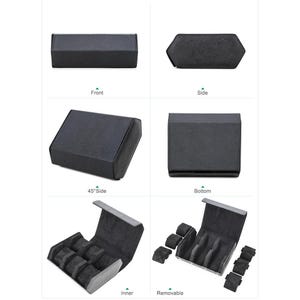 May include: A black watch box with multiple views. The box is rectangular with a textured exterior. The interior is lined with gray fabric and has slots for watches. Removable watch pillows are also shown.