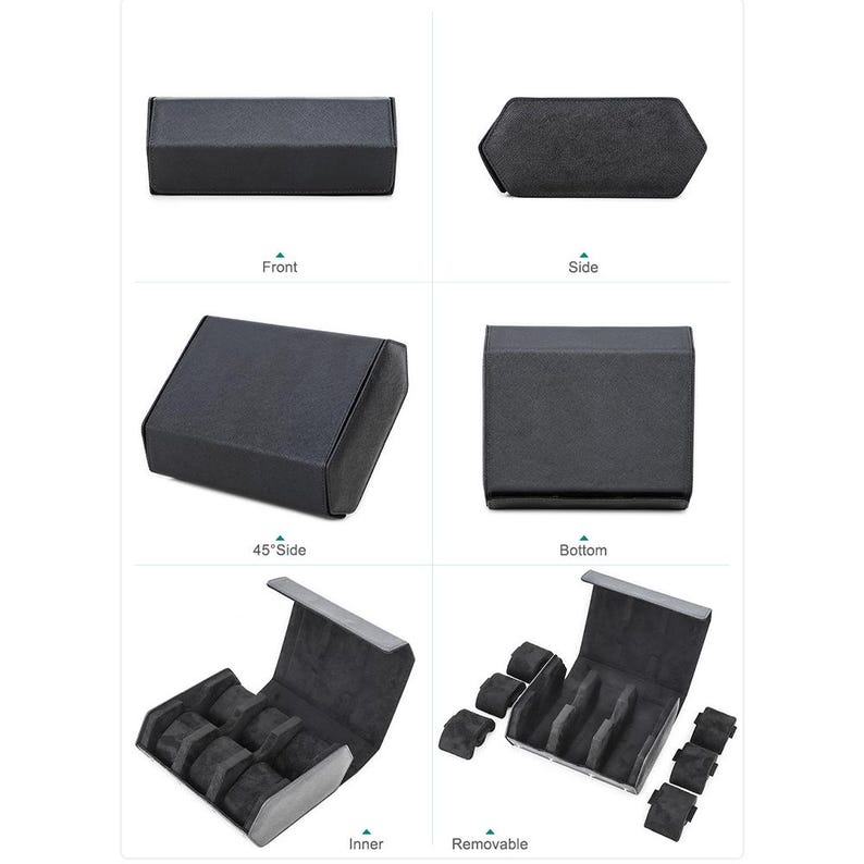 May include: A black watch box with multiple views. The box is rectangular with a textured exterior. The interior is lined with gray fabric and has slots for watches. Removable watch pillows are also shown.