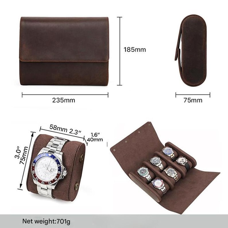 May include: A brown leather watch case, 9.25 inches long, 7.3 inches wide, and 1.6 inches thick, with a flap closure. The case is shown open, displaying several watches. The net weight is 1.54 pounds.