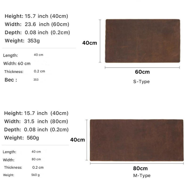May include: Two rectangular brown mats are displayed. The first mat is 15.7 inches high, 23.6 inches wide, and 0.08 inches deep, weighing 353 grams. The second mat is 15.7 inches high, 31.5 inches wide, and 0.08 inches deep, weighing 560 grams.