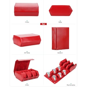 May include: A red leather watch box with a soft, red interior. The box is shown from multiple angles, including the front, side, and open with watches inside. The removable watch holder displays several watches.