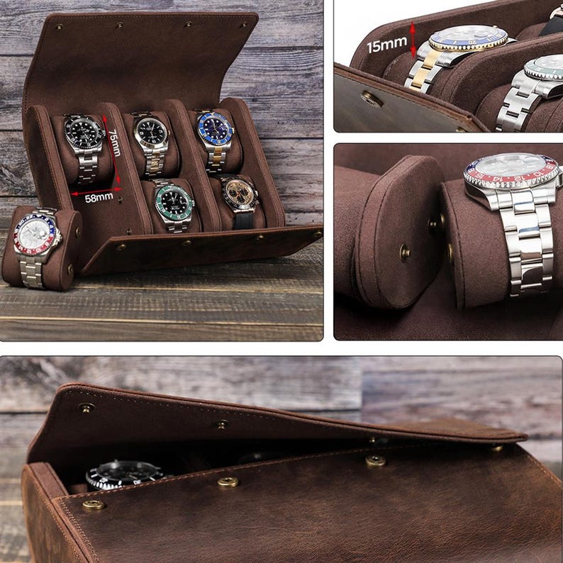 May include: A brown leather watch case with a hinged lid, holding six wristwatches. The case is open, revealing the watches nestled in individual compartments. The watches have silver and gold bands and various colored faces. The case is 58mm wide and 75mm high.