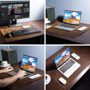 May include: A brown leather desk mat with a laptop, keyboard, mouse, and smartphone. The laptop displays a mountain landscape. A computer monitor is also present, showing a photo editing interface. Books and a coffee cup are also visible.
