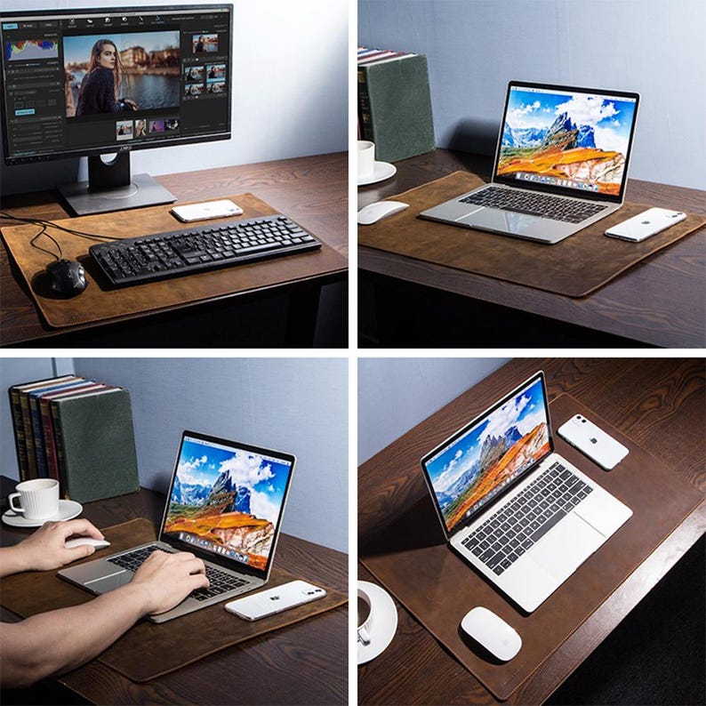 May include: A brown leather desk mat with a laptop, keyboard, mouse, and smartphone. The laptop displays a mountain landscape. A computer monitor is also present, showing a photo editing interface. Books and a coffee cup are also visible.