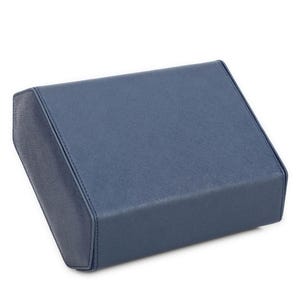 May include: A rectangular, blue box with a textured surface. The box has rounded corners and a stitched seam along the edges. The color is a muted, medium blue.