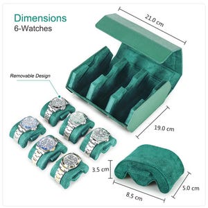 May include: A green watch case with a removable design, holding six watches. The case is open, revealing individual slots for each watch. The case measures 8.3 inches long, 7.5 inches wide, and 1.4 inches high. The watch pillows are 3.3 inches long.