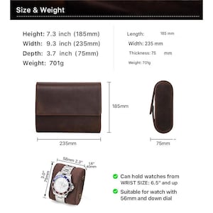 May include: A brown leather watch case with dimensions of 7.3 inches (height), 9.3 inches (width), and 3.7 inches (depth). The case can hold watches from a 6.5-inch wrist size and is suitable for watches with a 56mm and down dial.