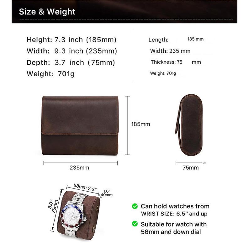 May include: A brown leather watch case with dimensions of 7.3 inches (height), 9.3 inches (width), and 3.7 inches (depth). The case can hold watches from a 6.5-inch wrist size and is suitable for watches with a 56mm and down dial.