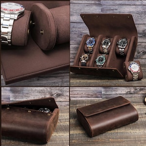 May include: A brown leather watch case with multiple compartments, showcasing several wristwatches with various colored faces and metal bands. The case is open in one image, displaying the watches, and closed in another. The case is designed to protect and display watches.