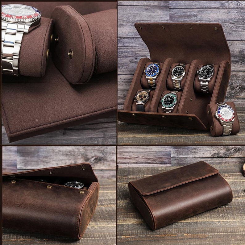 May include: A brown leather watch case with multiple compartments, showcasing several wristwatches with various colored faces and metal bands. The case is open in one image, displaying the watches, and closed in another. The case is designed to protect and display watches.