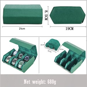 May include: A green watch storage case, 21 cm long, with a soft interior. The case holds multiple watches, with a total net weight of 680g. The case is shown open and closed, with dimensions of 19 cm and 8.5 cm.
