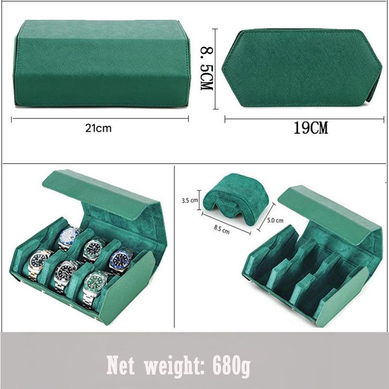 May include: A green watch storage case, 21 cm long, with a soft interior. The case holds multiple watches, with a total net weight of 680g. The case is shown open and closed, with dimensions of 19 cm and 8.5 cm.