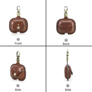 May include: A brown leather AirPod case with a metal clasp and a small front pocket secured by a button. The case is shown from multiple angles, including front, back, and side views. The case is designed to protect and carry wireless earbuds.