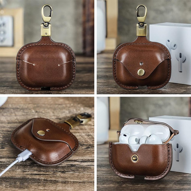 May include: A brown leather AirPod case with a gold-colored clasp and button closure. The case is shown open and closed, with a charging cable plugged in. The case is designed to protect and carry wireless earbuds.
