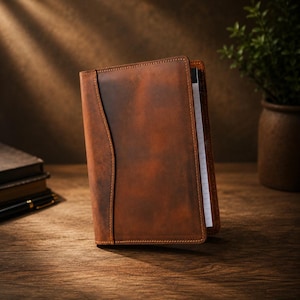 May include: A brown leather notebook cover with a vertical side pocket and visible stitching along the edges. The cover holds a white lined notepad with a black binding strip visible on the right side, showcasing a smooth, matte texture.