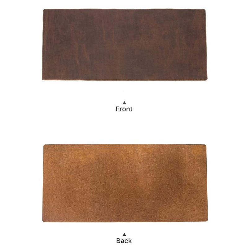 May include: Two rectangular leather pieces, one dark brown and the other light brown, are shown. The top piece is labeled "Front" and the bottom piece is labeled "Back". The leather has a textured appearance.