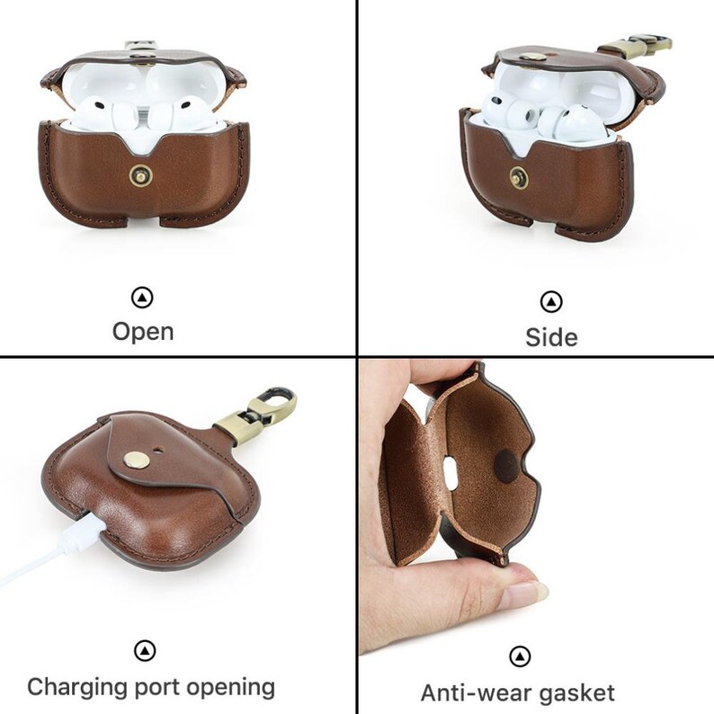 May include: A brown leather AirPod case with a snap closure and a gold-colored keychain attachment. The case is shown open and closed, with the AirPods inside. The case has a charging port opening and an anti-wear gasket.