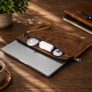 Op de afbeelding: Een bruine suède laptophoes met een polsband en een voorvak met ritssluiting. Het vak bevat een zilveren computermuis, een witte stroomadapter en een opgerolde witte oplaadkabel. Een zilveren laptop zit gedeeltelijk in de hoes geschoven.